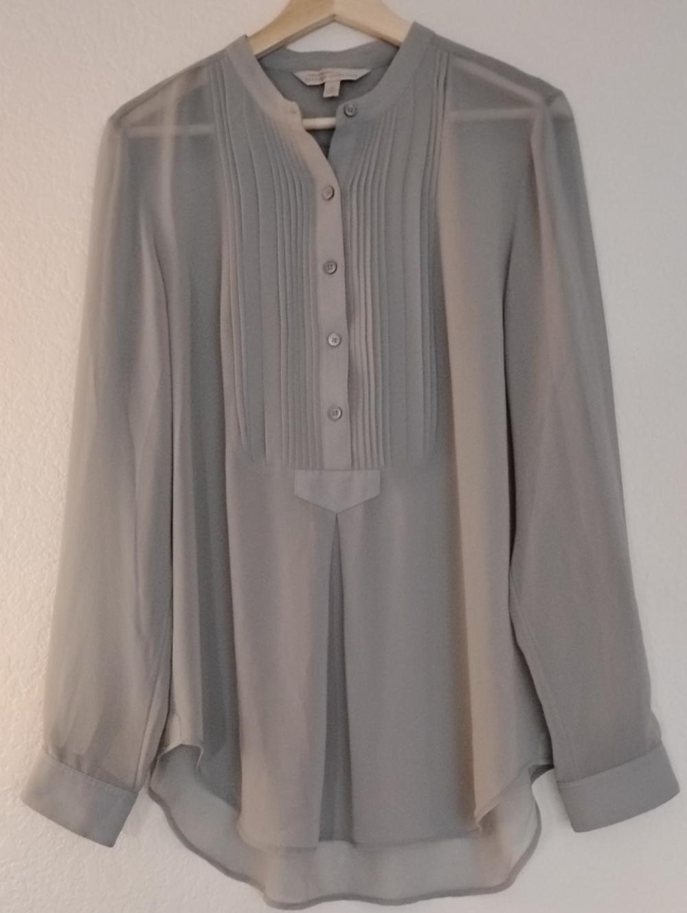 Banana Republic Sheer Light Olive Pleated Front Long-Sleeve Blouse - Women